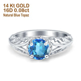 14K White Gold 1.11ct Round Art Deco Filigree 6.5mm G SI Natural Blue Topaz Diamond Engagement Wedding Ring Size 6.5