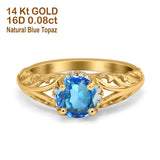 14K Yellow Gold 1.11ct Round Art Deco Filigree 6.5mm G SI Natural Blue Topaz Diamond Engagement Wedding Ring Size 6.5