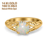 14K Yellow Gold 0.08ct Round Art Deco Filigree 6.5mm G SI Natural White Opal Diamond Engagement Wedding Ring Size 6.5