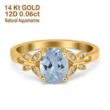 14K Yellow Gold 1.27ct Oval 8mmx6mm Butterfly Accent G SI Natural Aquamarine Diamond Engagement Wedding Ring Size 6.5