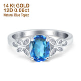 14K White Gold 1.27ct Oval 8mmx6mm Butterfly Accent G SI Natural Blue Topaz Diamond Engagement Wedding Ring Size 6.5