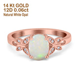 14K Rose Gold 0.06ct Oval 8mmx6mm Butterfly Accent G SI Natural White Opal Diamond Engagement Wedding Ring Size 6.5