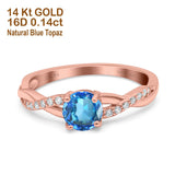 14K Rose Gold 0.98ct Round Art Deco 6mm G SI Natural Blue Topaz Diamond Engagement Wedding Ring Size 6.5