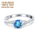 14K White Gold 0.98ct Round Art Deco 6mm G SI Natural Blue Topaz Diamond Engagement Wedding Ring Size 6.5