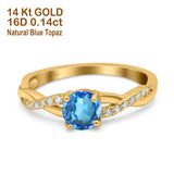 14K Yellow Gold 0.98ct Round Art Deco 6mm G SI Natural Blue Topaz Diamond Engagement Wedding Ring Size 6.5