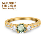 14K Yellow Gold 1.37ct Round Three Stone Vintage 6mm G SI Natural Green Amethyst Diamond Engagement Wedding Ring Size 6.5