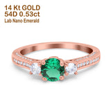 14K Rose Gold 1.37ct Round Three Stone Vintage 6mm G SI Nano Emerald Diamond Engagement Wedding Ring Size 6.5