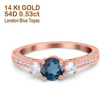 14K Rose Gold 1.37ct Round Three Stone Vintage 6mm G SI London Blue Topaz Diamond Engagement Wedding Ring Size 6.5