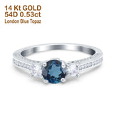 14K White Gold 1.37ct Round Three Stone Vintage 6mm G SI London Blue Topaz Diamond Engagement Wedding Ring Size 6.5