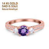 14K Rose Gold 1.37ct Round Three Stone Vintage 6mm G SI Natural Amethyst Diamond Engagement Wedding Ring Size 6.5