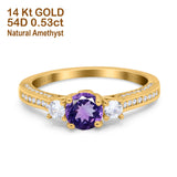 14K Yellow Gold 1.37ct Round Three Stone Vintage 6mm G SI Natural Amethyst Diamond Engagement Wedding Ring Size 6.5