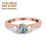 14K Rose Gold 1.37ct Round Three Stone Vintage 6mm G SI Natural Aquamarine Diamond Engagement Wedding Ring Size 6.5