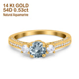 14K Yellow Gold 1.37ct Round Three Stone Vintage 6mm G SI Natural Aquamarine Diamond Engagement Wedding Ring Size 6.5