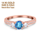 14K Rose Gold 1.37ct Round Three Stone Vintage 6mm G SI Natural Blue Topaz Diamond Engagement Wedding Ring Size 6.5