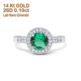 14K White Gold 0.94ct Round Art Deco 6mm G SI Nano Emerald Diamond Engagement Wedding Ring Size 6.5