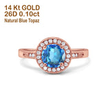 14K Rose Gold 0.94ct Round Art Deco 6mm G SI Natural Blue Topaz Diamond Engagement Wedding Ring Size 6.5