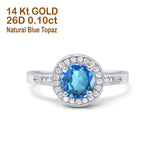 14K White Gold 0.94ct Round Art Deco 6mm G SI Natural Blue Topaz Diamond Engagement Wedding Ring Size 6.5