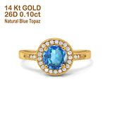 14K Yellow Gold 0.94ct Round Art Deco 6mm G SI Natural Blue Topaz Diamond Engagement Wedding Ring Size 6.5