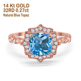 14K Rose Gold 2.31ct Cushion 8mm Halo G SI Natural Blue Topaz Diamond Engagement Wedding Ring Size 6.5