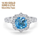 14K White Gold 2.31ct Cushion 8mm Halo G SI Natural Blue Topaz Diamond Engagement Wedding Ring Size 6.5