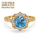 14K Yellow Gold 2.31ct Cushion 8mm Halo G SI Natural Blue Topaz Diamond Engagement Wedding Ring Size 6.5