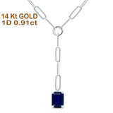 14K White Gold 0.91ct Emerald Cut Paperclip Chain Necklace Blue Sapphire 16" Long