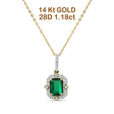 14K Yellow Gold 0.18ct Natural Emerald & Diamond Halo Solitaire Pendant Necklace 18" Long