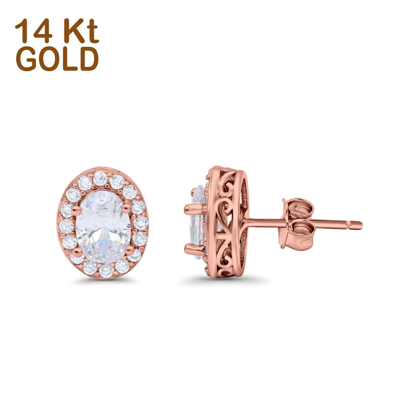 14K Rose Gold Wedding Stud Earrings Oval Simulated Cubic Zirconia (11mm)