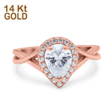 14K Rose Gold Teardrop Pear Halo Twist Infinity Shank Art Deco Engagement Wedding Bridal Ring Round Simulated CZ Size-7