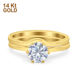 14K Yellow Gold Two Piece Solitaire Accent Round Bridal Set Ring Wedding Band Simulated CZ Size 7