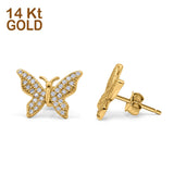 14K Yellow Gold Butterfly Stud Earrings Simulated Cubic Zirconia (14mm)