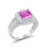 Halo Wedding Ring Princess Simulated Pink CZ 925 Sterling Silver