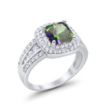 Halo Wedding Ring Princess Simulated Rainbow CZ 925 Sterling Silver