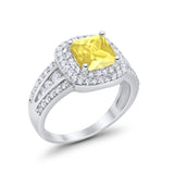 Halo Wedding Ring Princess Simulated Yellow CZ 925 Sterling Silver