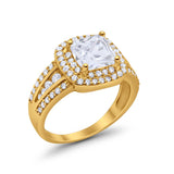 Halo Wedding Ring Princess Yellow Tone, Simulated Cubic Zirconia 925 Sterling Silver