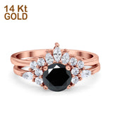 14K Rose Gold Two Piece Round Bridal Set Ring Wedding Engagement Band Simulated Black CZ Size 7