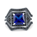 Three Piece Flower Art Deco Princess Cut Wedding Ring Black Simulated Blue Sapphire CZ 925 Sterling Silver