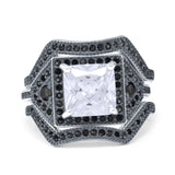 Three Piece Flower Art Deco Princess Cut Wedding Ring Black Simulated Cubic Zirconia 925 Sterling Silver