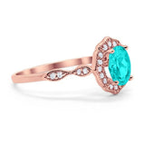 Antique Style Wedding Ring Oval Rose Tone, Simulated Paraiba Tourmaline CZ 925 Sterling Silver