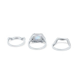 Three Piece Flower Art Deco Princess Cut Wedding Ring Black Lab Created White Opal 925 Sterling Silver