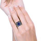 Three Piece Flower Art Deco Princess Cut Wedding Ring Black Simulated Blue Sapphire CZ 925 Sterling Silver