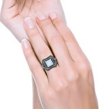 Three Piece Flower Art Deco Princess Cut Wedding Ring Black Lab Created White Opal 925 Sterling Silver