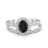 Halo Bridal Set Piece Oval Simulated Black CZ Ring 925 Sterling Silver