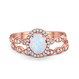 Halo Bridal Set Piece Oval Rose Tone, Lab Created White Opal Wedding Ring 925 Sterling Silver