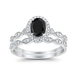 Halo Bridal Set Piece Oval Simulated Black CZ Ring 925 Sterling Silver