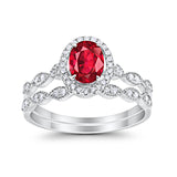 Halo Bridal Set Piece Oval Simulated Ruby CZ Ring 925 Sterling Silver