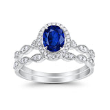 Halo Bridal Set Piece Oval Simulated Blue Sapphire CZ Ring 925 Sterling Silver