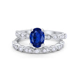Two Piece Band Engagement Ring Oval Simulated Blue Sapphire CZ 925 Sterling Silver