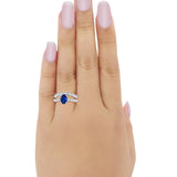 Two Piece Band Engagement Ring Oval Simulated Blue Sapphire CZ 925 Sterling Silver