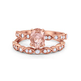 Two Piece Band Engagement Ring Oval Rose Tone, Simulated Morganite CZ 925 Sterling Silver